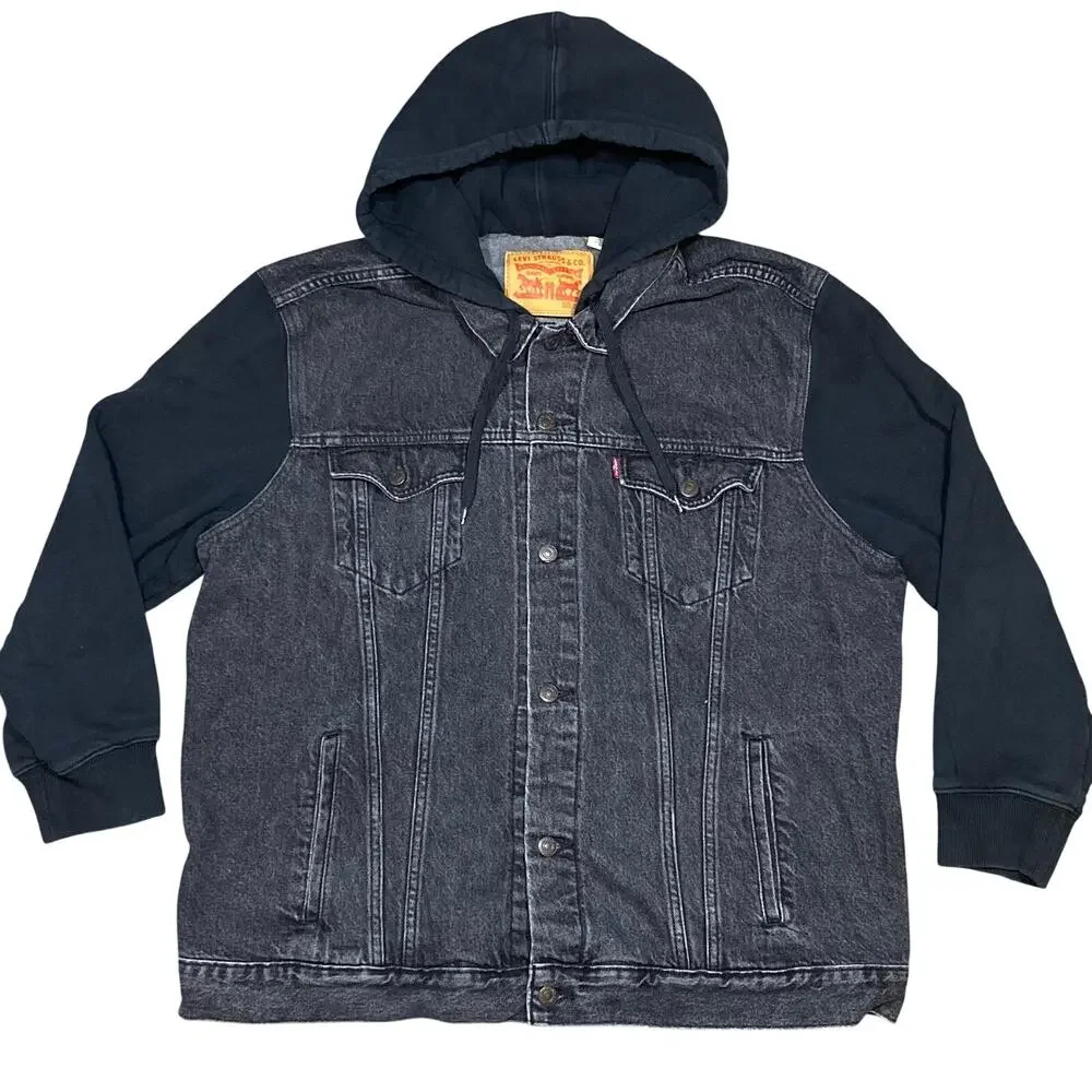 Levi's Hybrid Hooded Trucker Jacket Sweater Mens 3XL Black Denim Jean